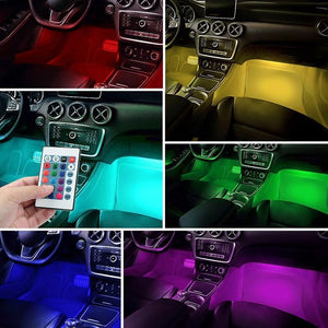 Interior Car Lights LED Car Strip Lights with Two-Line Waterproof Design RGB LED Strip Light With USB Wireless Remote Music Control Multiple Modes and Music Sync Under Dash Car Lighting with Car Charger, DC 12V