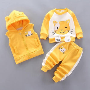 Modern Fashion Cotton Thick Warm Casual Hooded Sweater Cartoon Cute Bear Three-piece Suit For Baby Boy & Girl