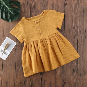 Kids Summer Cotton Linen Dress with Plain Short sleeve  Party A-line dress For Small Girls 1-3 Years