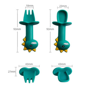 Big Modern New Set Spoon and Fork For Baby Utensils Set Auxiliary Food Silicone Gel Spoon Baby Learn To Eat Training Bendable Soft Spoon Children Tableware With Dinosaur Design