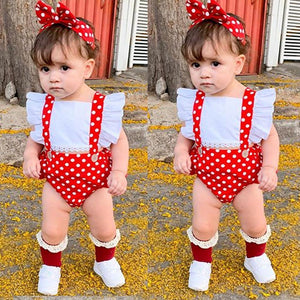 Luxury Modern Newborn Baby Girl Clothes Polka Dot Print Flower Fly Sleeve Romper Jumpsuit Headband 2Pcs Outfits For Girls