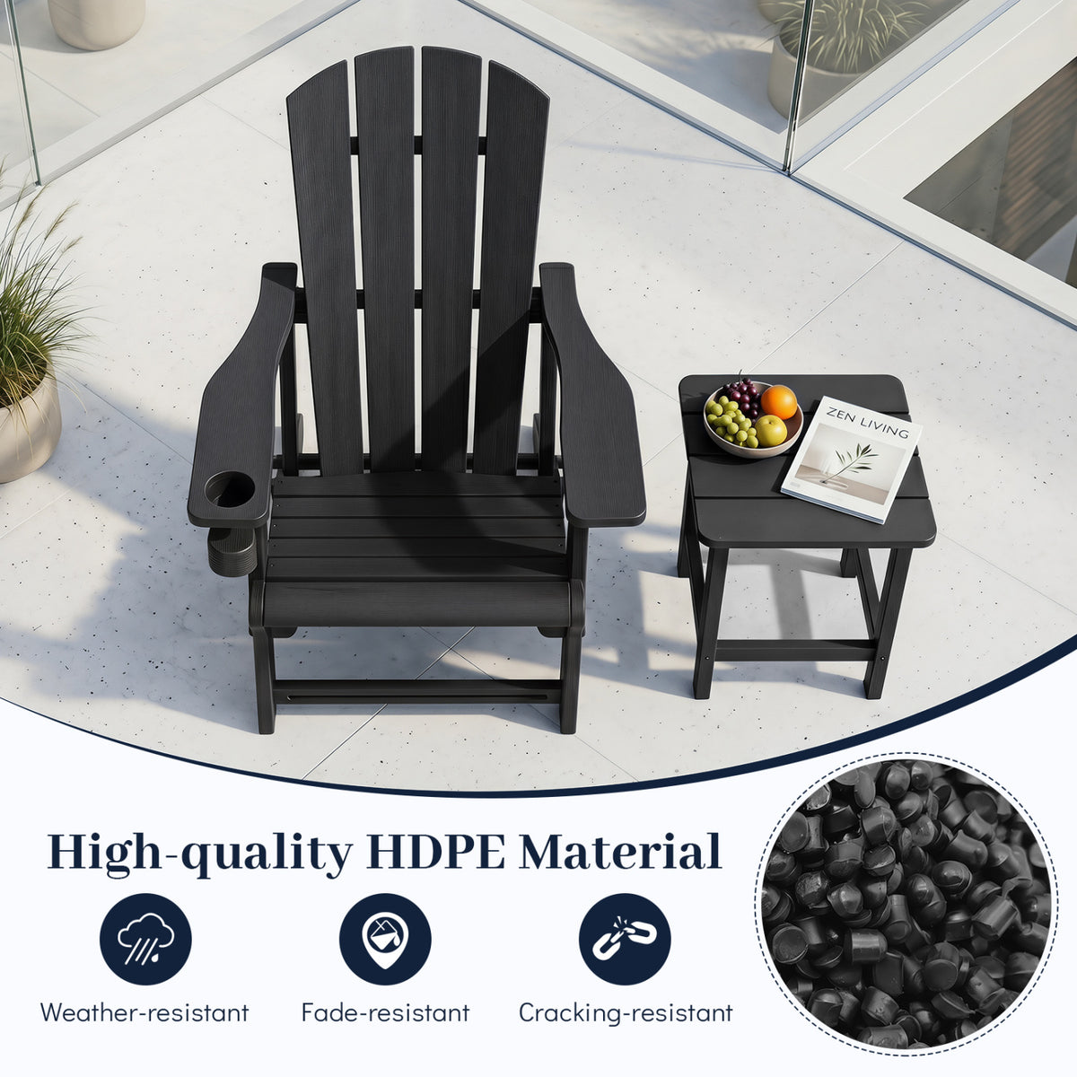 HDPE Adirondack Chairs with Realistic Wood Grain for Backyard Lawn-Black