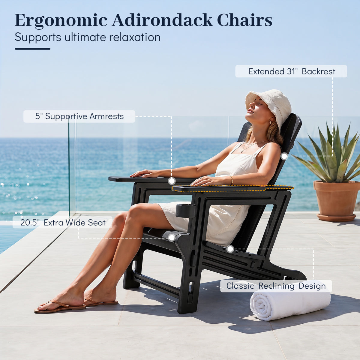 HDPE Adirondack Chairs with Realistic Wood Grain for Backyard Lawn-Black