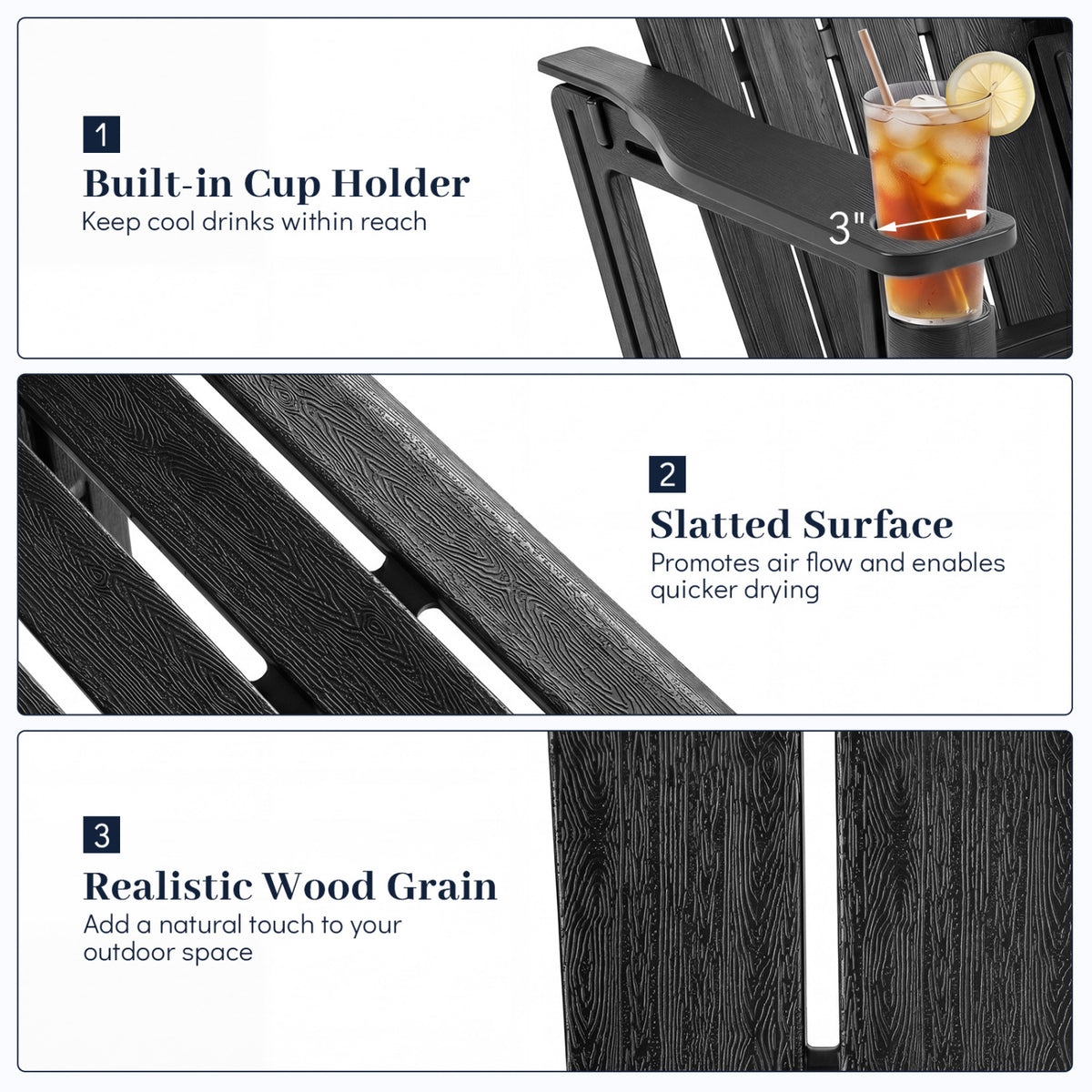 HDPE Adirondack Chairs with Realistic Wood Grain for Backyard Lawn-Black