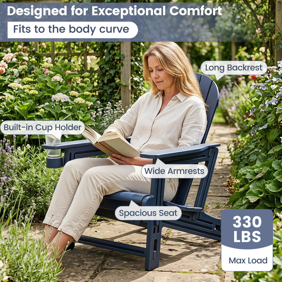HDPE Adirondack Chair with Cup Holder and Wooden Texture for Patio-Blue