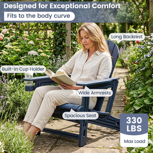 HDPE Adirondack Chair with Cup Holder and Wooden Texture for Patio-Blue
