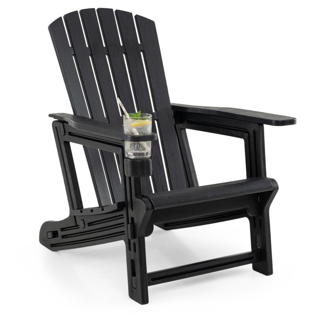 HDPE Adirondack Chair with Cup Holder and Wooden Texture for Patio-Black