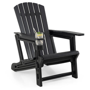 HDPE Adirondack Chair with Cup Holder and Wooden Texture for Patio-Black