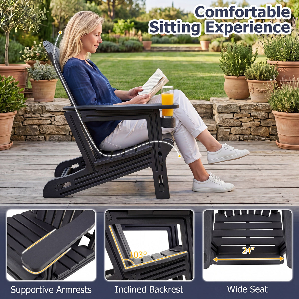 HDPE Adirondack Chair with Cup Holder and Wooden Texture for Patio-Black