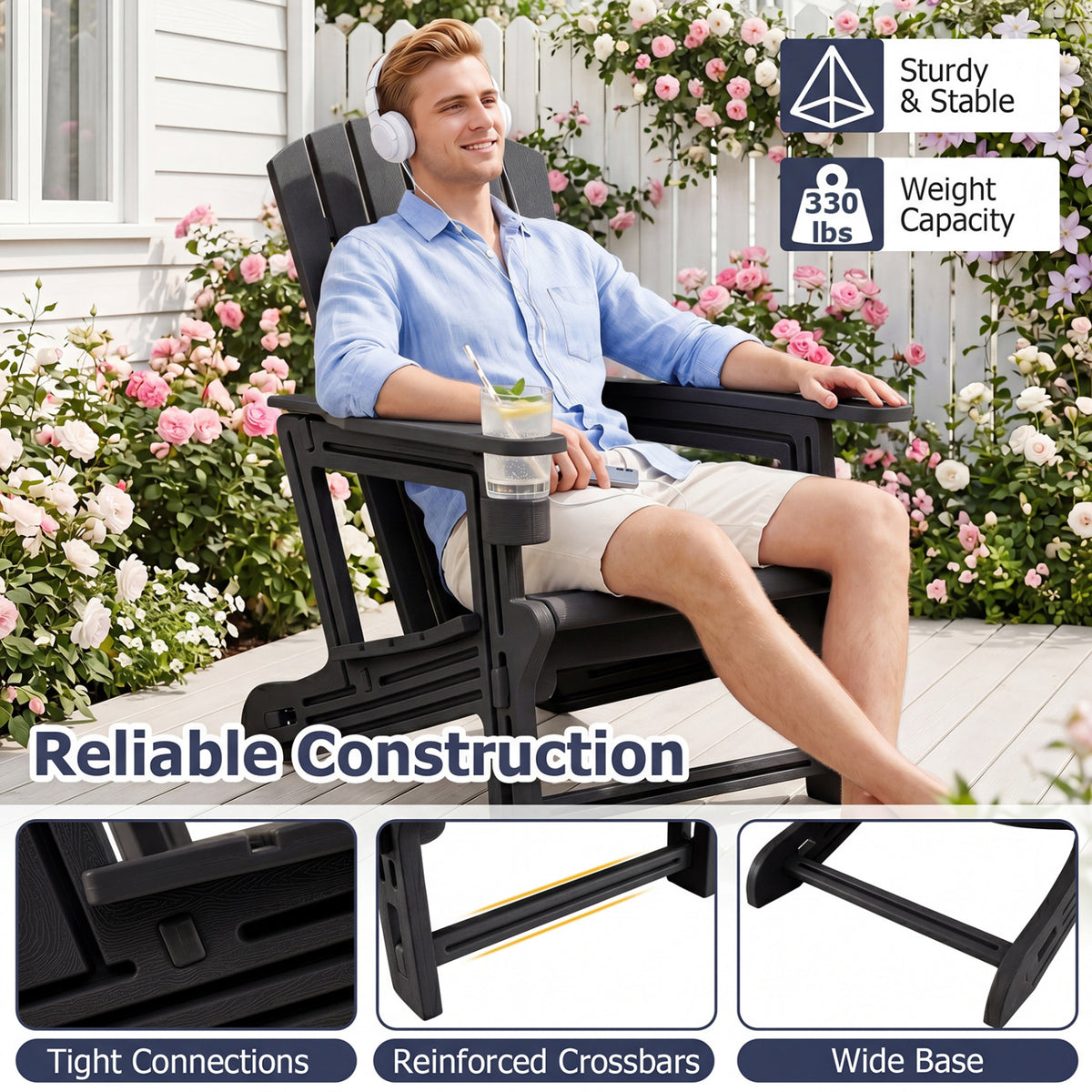 HDPE Adirondack Chair with Cup Holder and Wooden Texture for Patio-Black