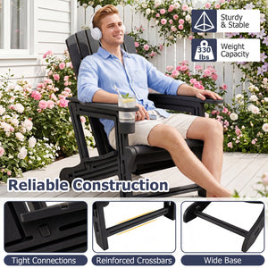 HDPE Adirondack Chair with Cup Holder and Wooden Texture for Patio-Black