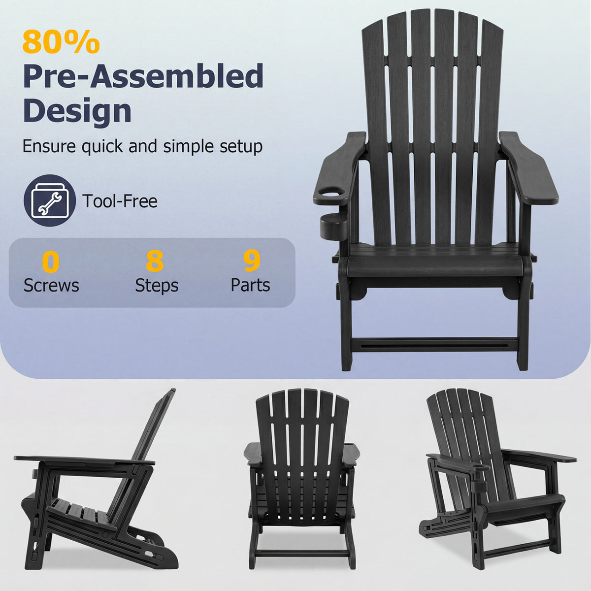 HDPE Adirondack Chair with Cup Holder and Wooden Texture for Patio-Black