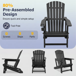 HDPE Adirondack Chair with Cup Holder and Wooden Texture for Patio-Black