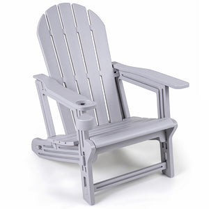 HDPE Adirondack Chair with Cup Holder and Wooden Texture for Patio-Gray