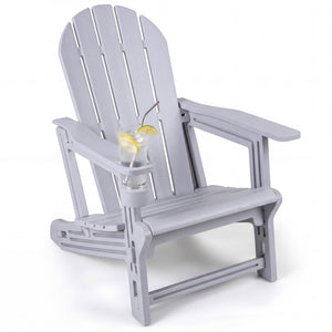HDPE Adirondack Chair with Cup Holder and Wooden Texture for Patio-Gray