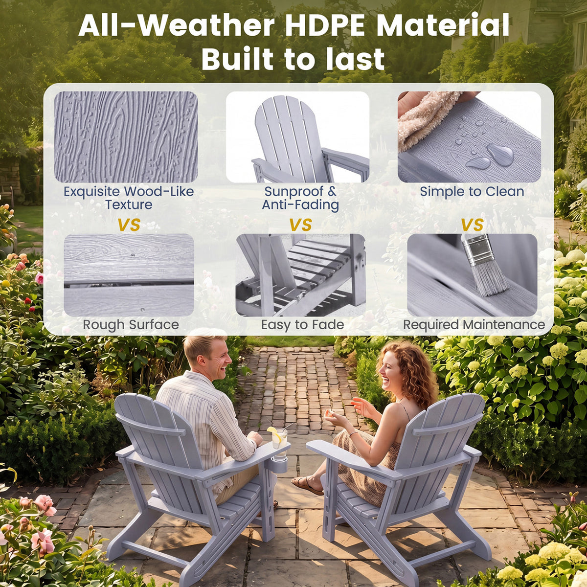 HDPE Adirondack Chair with Cup Holder and Wooden Texture for Patio-Gray