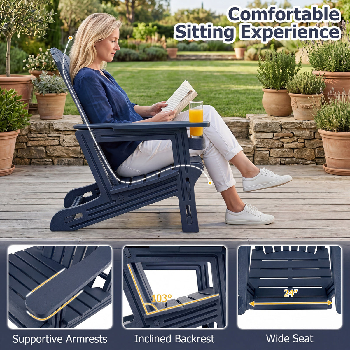 HDPE Adirondack Chair with Cup Holder and Wood-Like Texture High Back for Garden -Blue
