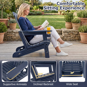 HDPE Adirondack Chair with Cup Holder and Wood-Like Texture High Back for Garden -Blue