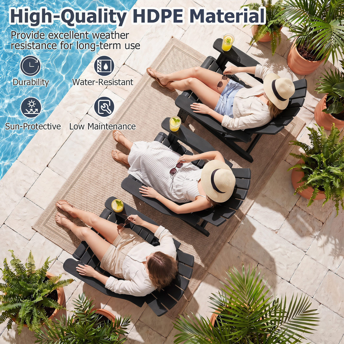 HDPE Adirondack Chair with Cup Holder and Wood-Like Texture High Back for Garden-Black