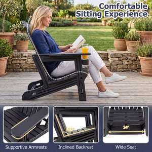 HDPE Adirondack Chair with Cup Holder and Wood-Like Texture High Back for Garden-Black