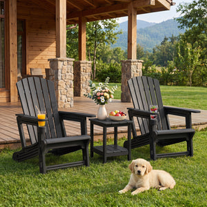 HDPE Adirondack Chair with Cup Holder and Wood-Like Texture High Back for Garden-Black