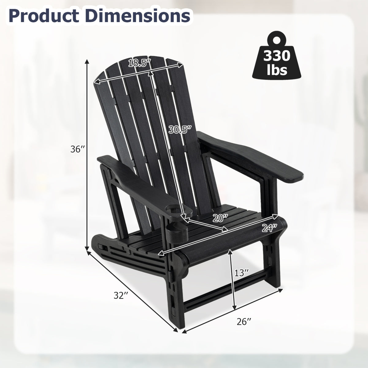HDPE Adirondack Chair with Cup Holder and Wood-Like Texture High Back for Garden-Black