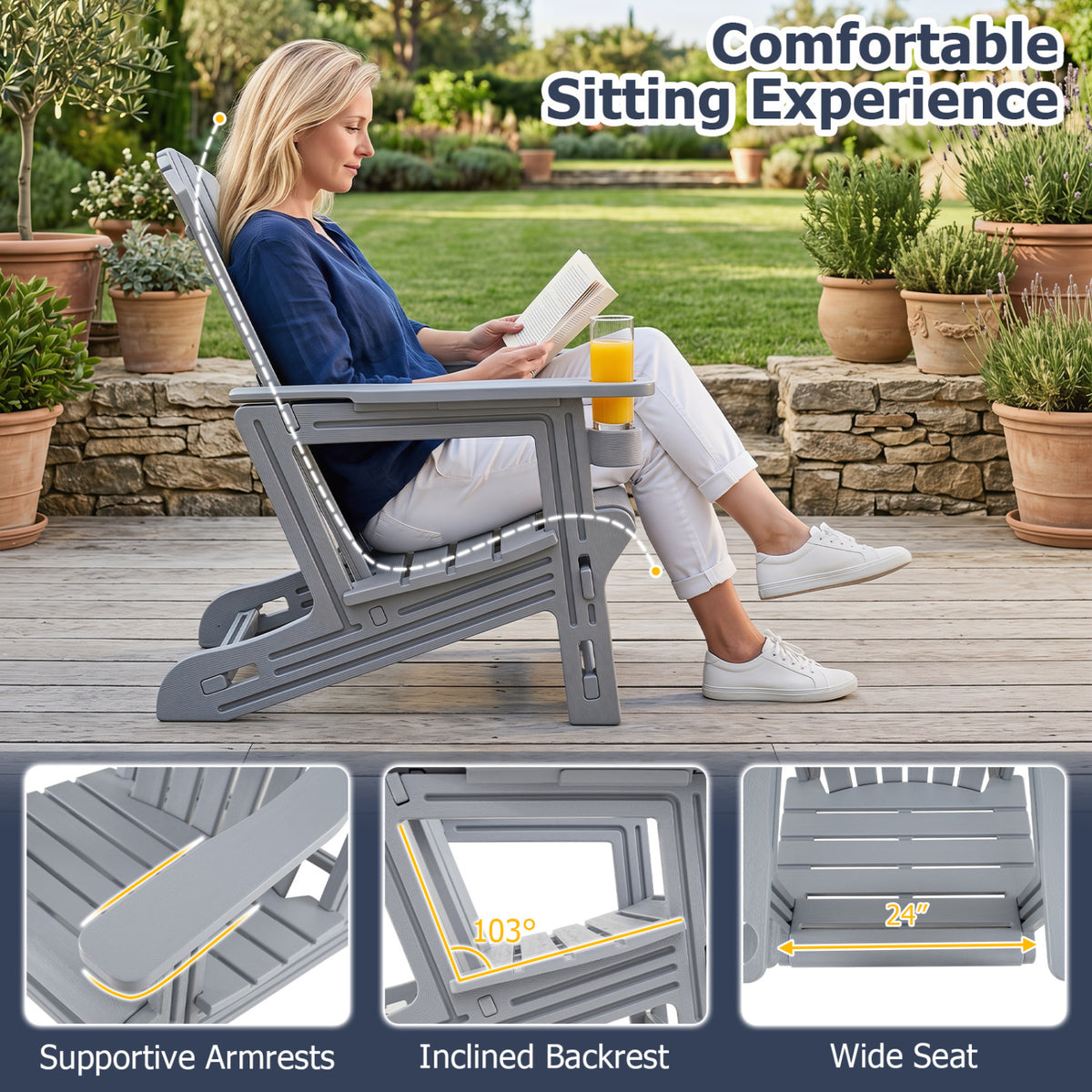HDPE Adirondack Chair with Cup Holder and Wood-Like Texture High Back for Garden-Gray