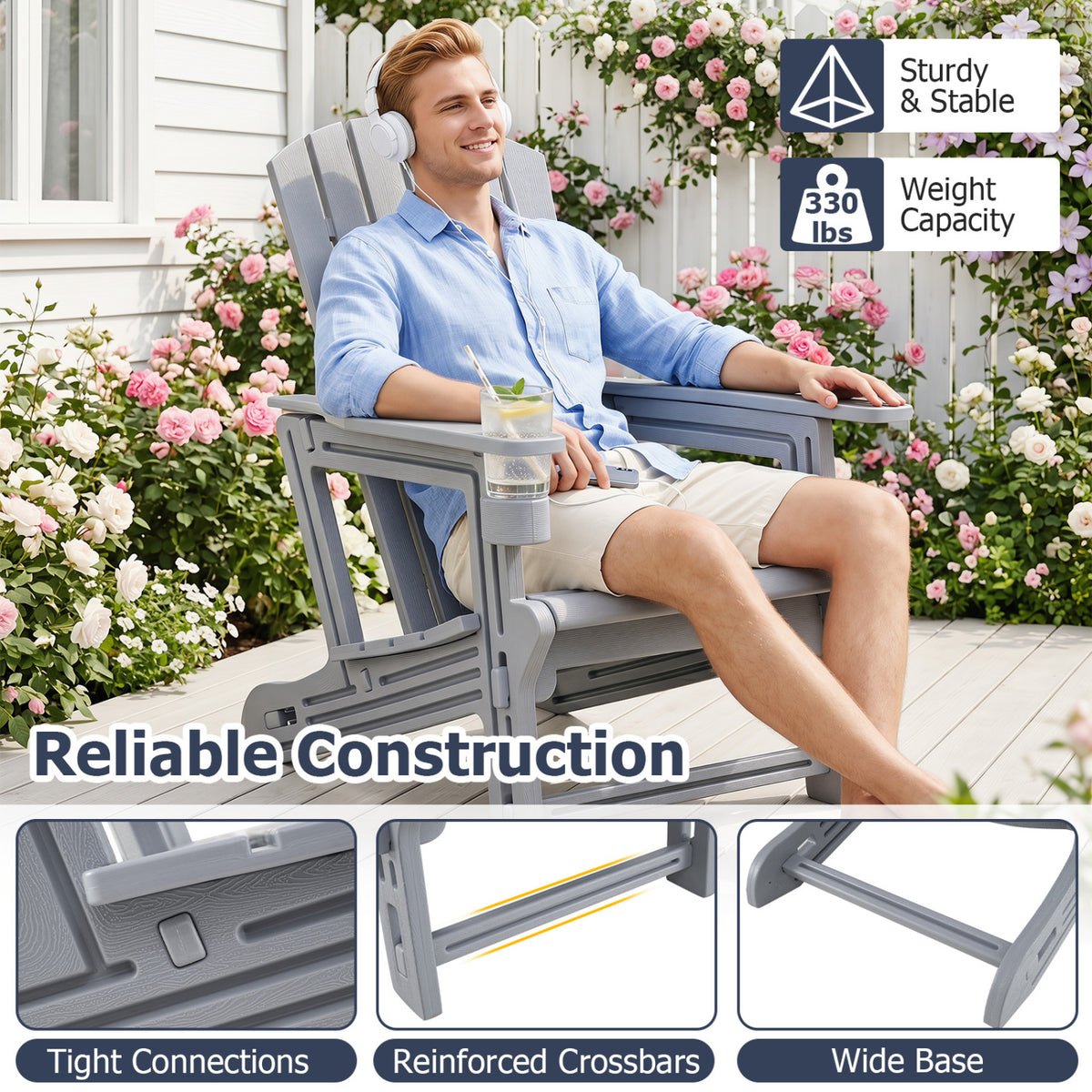 HDPE Adirondack Chair with Cup Holder and Wood-Like Texture High Back for Garden-Gray