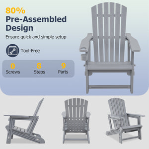 HDPE Adirondack Chair with Cup Holder and Wood-Like Texture High Back for Garden-Gray