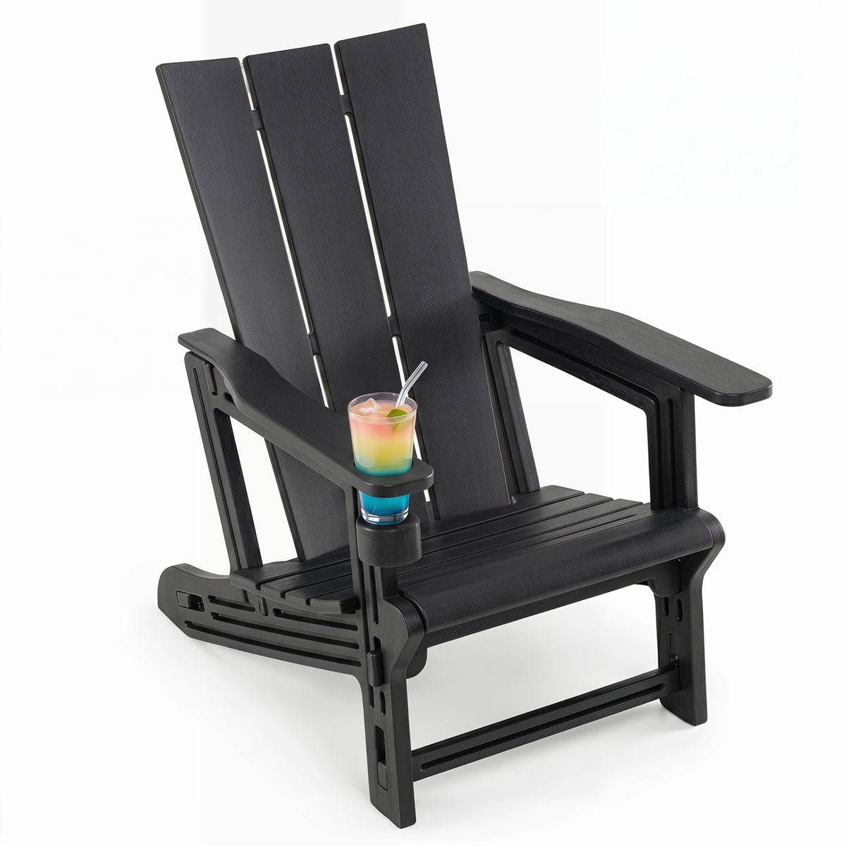 HDPE Outdoor Adirondack Chairs with Cup Holder-Black
