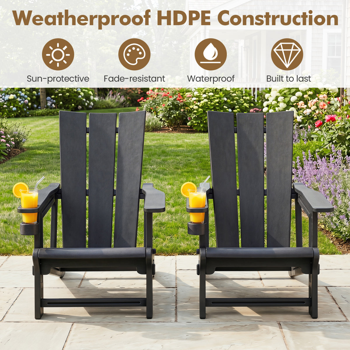 HDPE Outdoor Adirondack Chairs with Cup Holder-Black