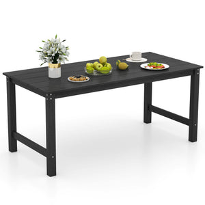 HDPE Outdoor Dining Table for 6 Person with Wood-Like Tabletop and Umbrella Hole-Black