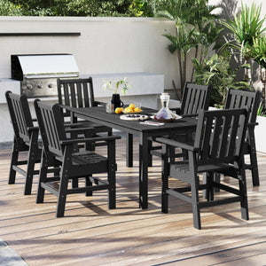HDPE Outdoor Dining Table for 6 Person with Wood-Like Tabletop and Umbrella Hole-Black