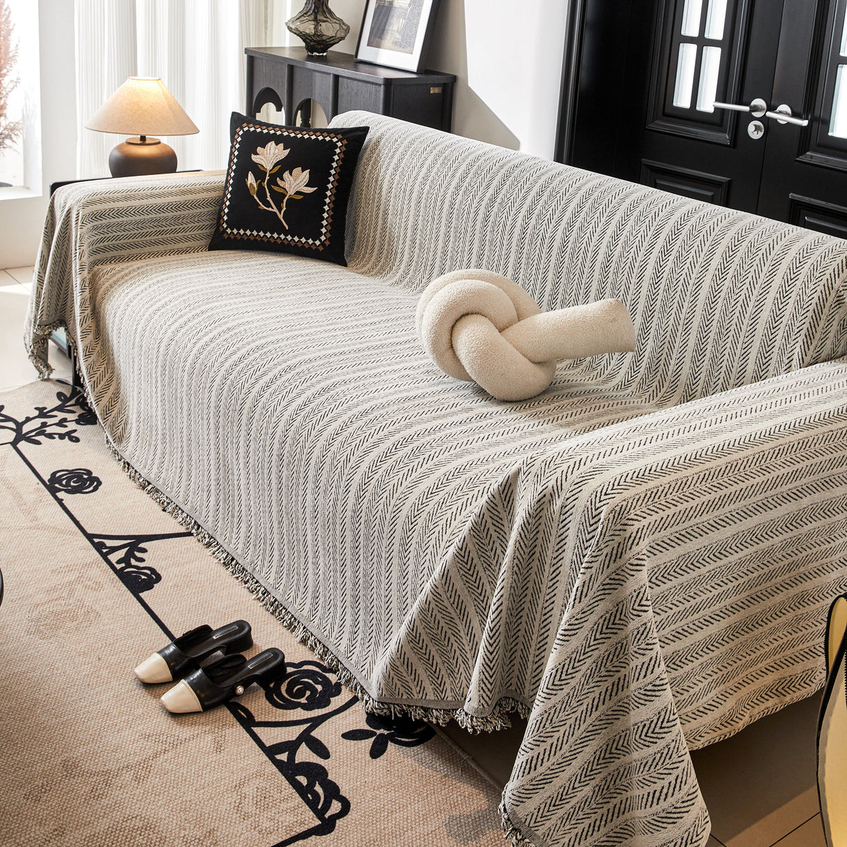 Herringbone Chenille Couch Cover Blanket Soft Durable Throw Sofa Protector with Tassel