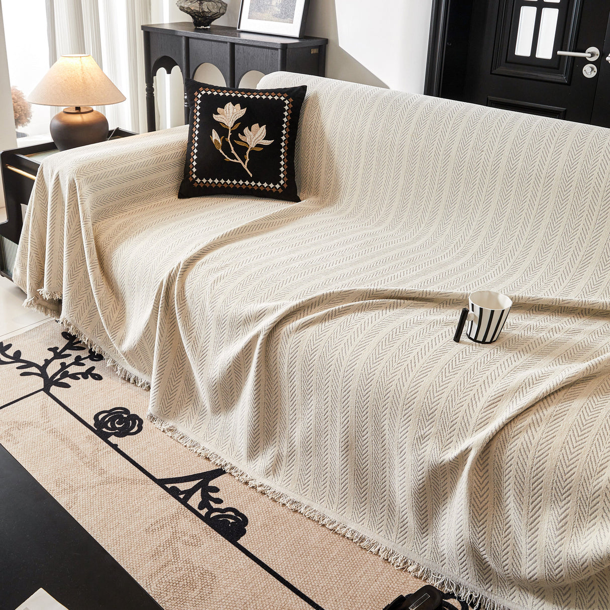 Herringbone Chenille Couch Cover Blanket Soft Durable Throw Sofa Protector with Tassel