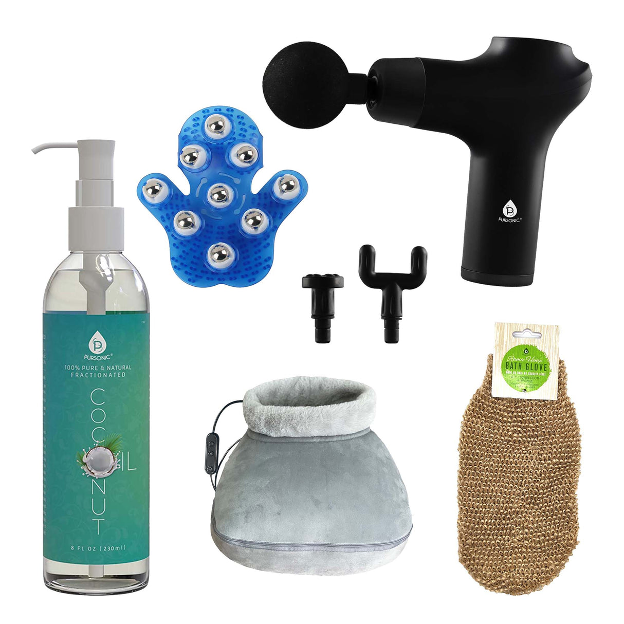 Ultimate Relaxation & Recovery Bundle – Mario Lopez Massage Glove, Heated Foot Massager, Pursonic Massage Gun & More! by Pursonic