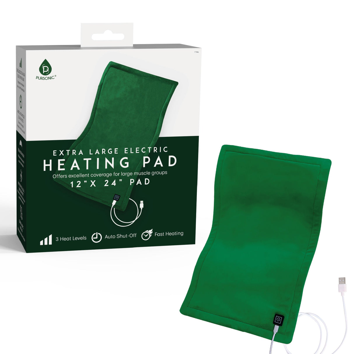 Pursonic Large Electric Heating Pad with USB-C – 12"x24", Ultra Soft Fabric, 3 Heat Settings, Auto Shut-Off by Pursonic