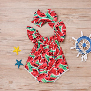 Newborn Baby Girls Watermelon Printed Sleeveless Bodysuit Sunset Jumpsuit Casual Clothes for Girls