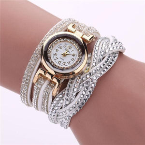 Fashion Casual Gold Quartz Women Rhinestone Watch Braided Leather Bracelet Watch Gift Ladies Wristwatch For Ladies  and Women