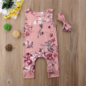 Floral Newborn Baby Girls Sleeve less Printed Rompers Jumpsuit Headband Clothes Sets Outfits For Baby Girls With Bow