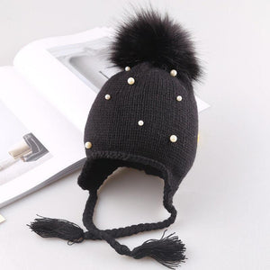 Beautiful Newborn Cute Pearl Winter Warm Knit Pompom Hats Infant Kids Soft Hat For Baby Boy And Girls