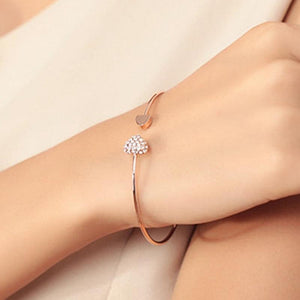 New Fashion Adjustable Stainless Steel Crystal Double Heart Bow Cuff Opening Bracelet For Women Jewelry Gift