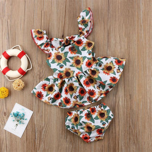 Newborn Baby Girls Outfits with Sunflower Top Dress Bottoms Bow Back Dress For Baby Girls