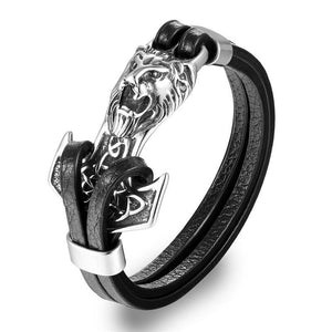 Genuine Leather Anchor Bracelet Men Lion Double Wolf Shackles Stainless Steel Charm Bracelets Wristband Fashion Jewelry