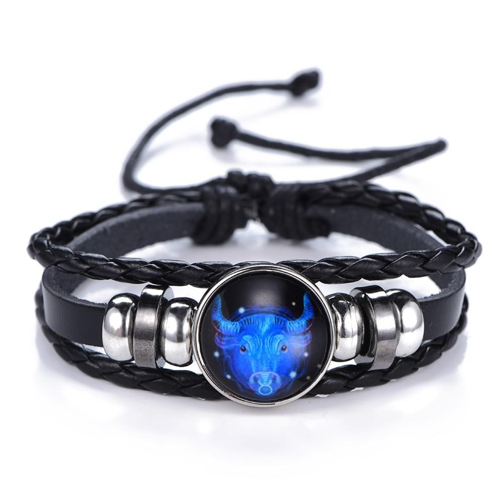 New Gemini C Leo Virgo Libra Scorpio 12 Constellation Amazing Black Elegant Punk Leather Bracelet Zodiac Bracelet For Men And Women