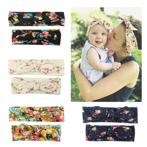 Modern Handmade Mother Baby Turban Matching Headband Mom Daughter Rabbit Ears Headbands Floral Print Bow