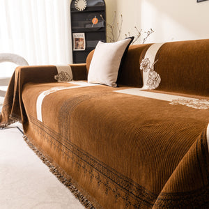 Jacquard Floral Band Sofa Cover with Tassels, Thick Textured Couch Throw Blanket