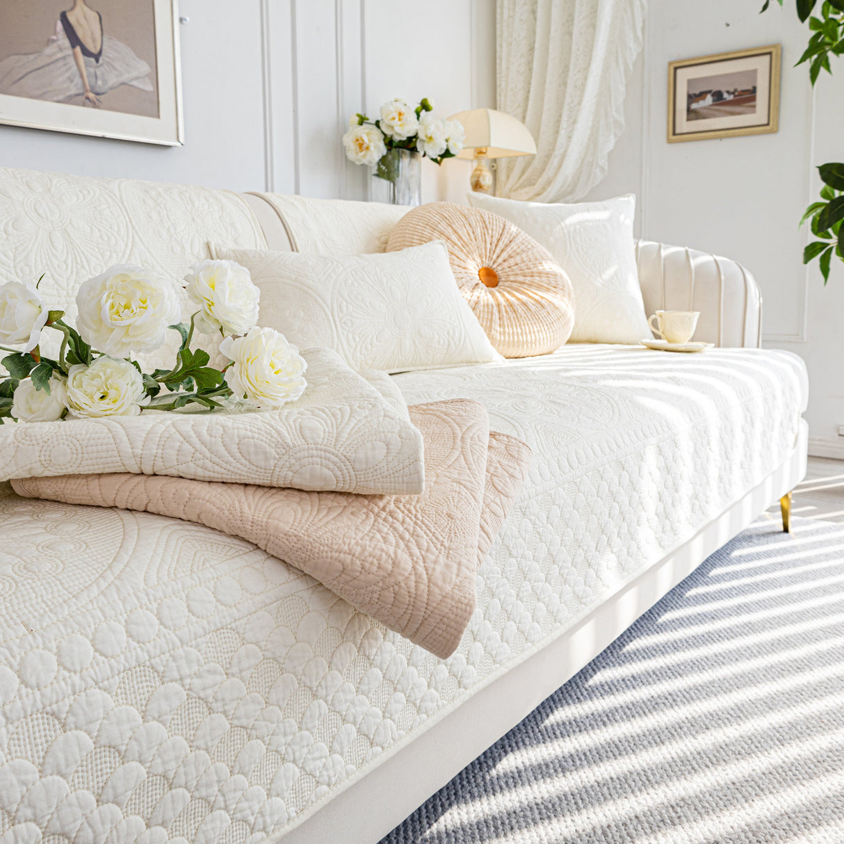 Cotton Quilted Sofa Cover, Non-Slip Couch Protector Fits Backrest, Seat & Armrest