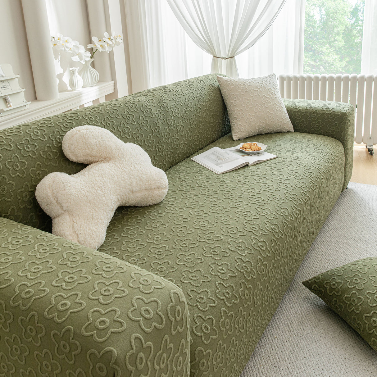 High Stretch Jacquard Sofa Slipcover, Soft Spandex Textured Floral Couch Cover