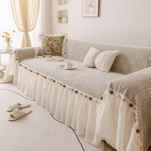 Boho Couch Cover with Knitted Stripes, Chiffon Skirt & Pom Fringe, Pet-Friendly Throw